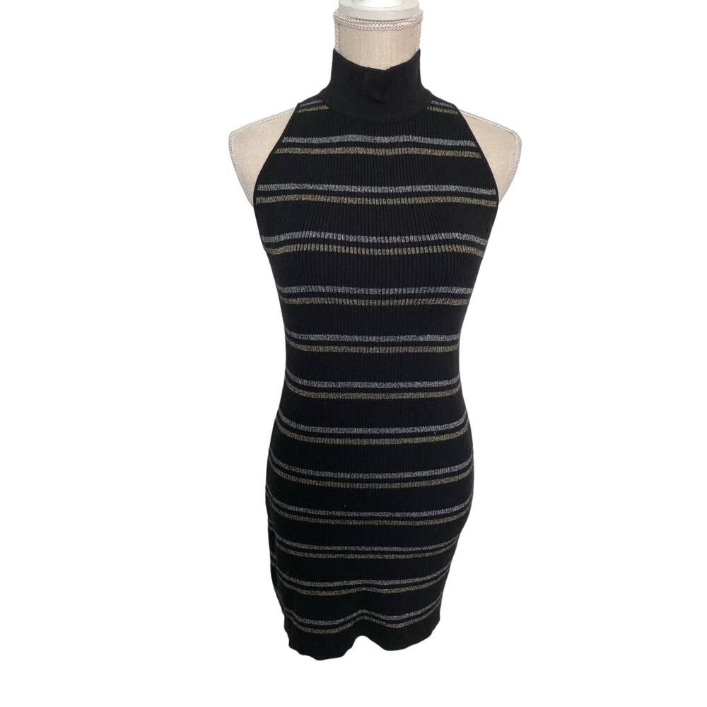 Chaser Metallic Striped Black Mini Sweater Dress -M
